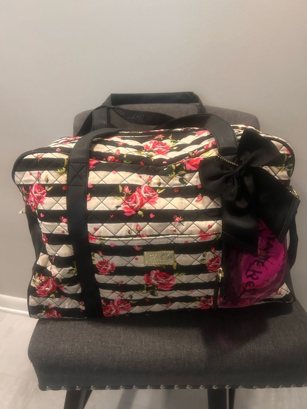 Betsey Johnson Floral Quilted Black & Cream Travel Duffel Weekender Bag with Bow